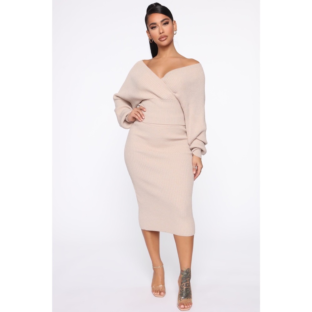 Fashion Nova Taupe Sweater Set (Skirt + Top)-Small